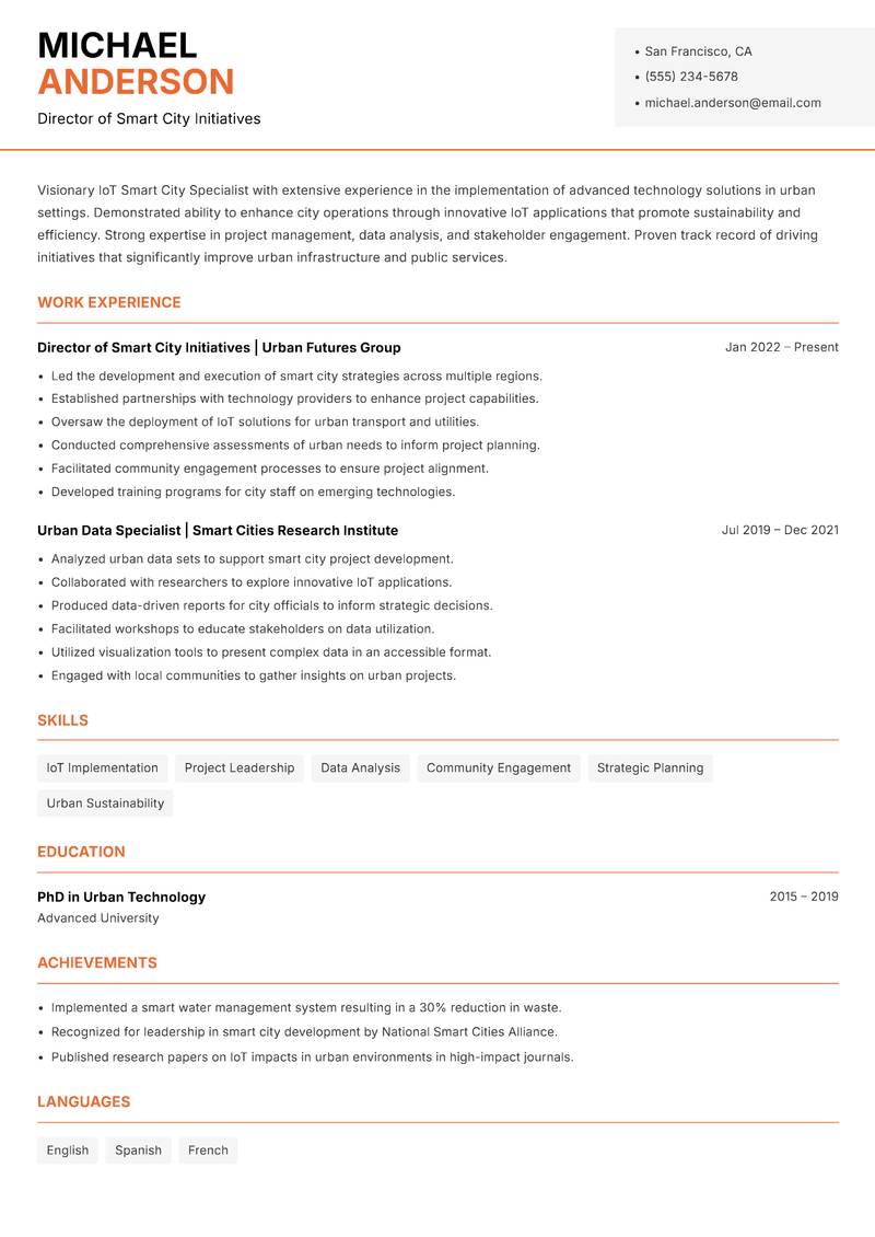 IoT Smart City Specialist Resume Template