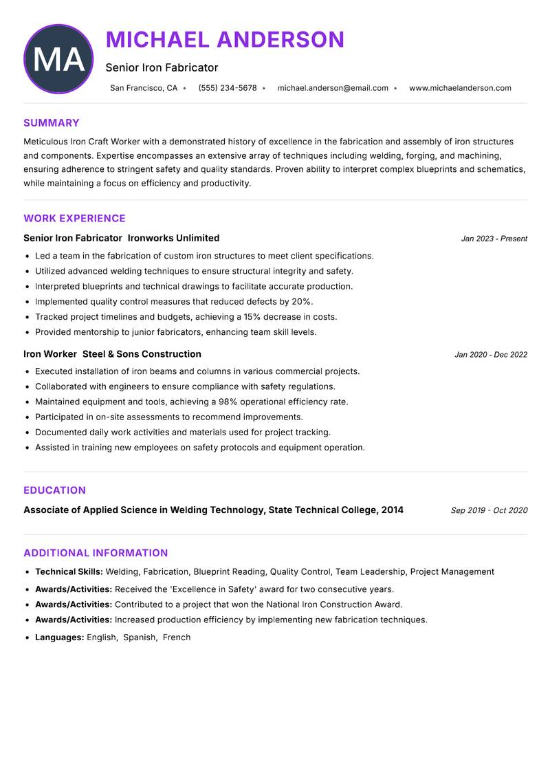 Iron Craft Worker Resume Preview Example