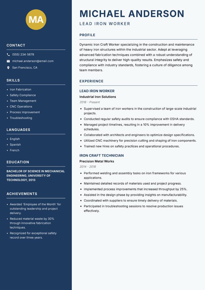 Iron Craft Worker Resume Preview Example