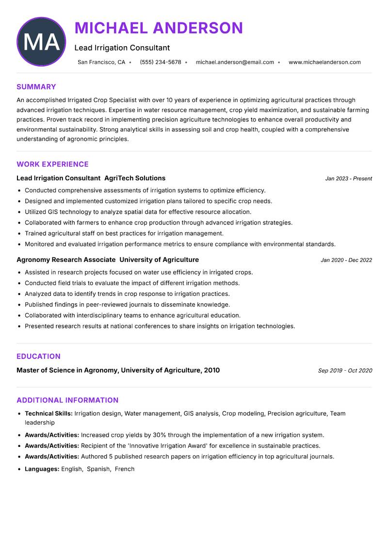 Irrigated Crop Specialist Resume Preview Example