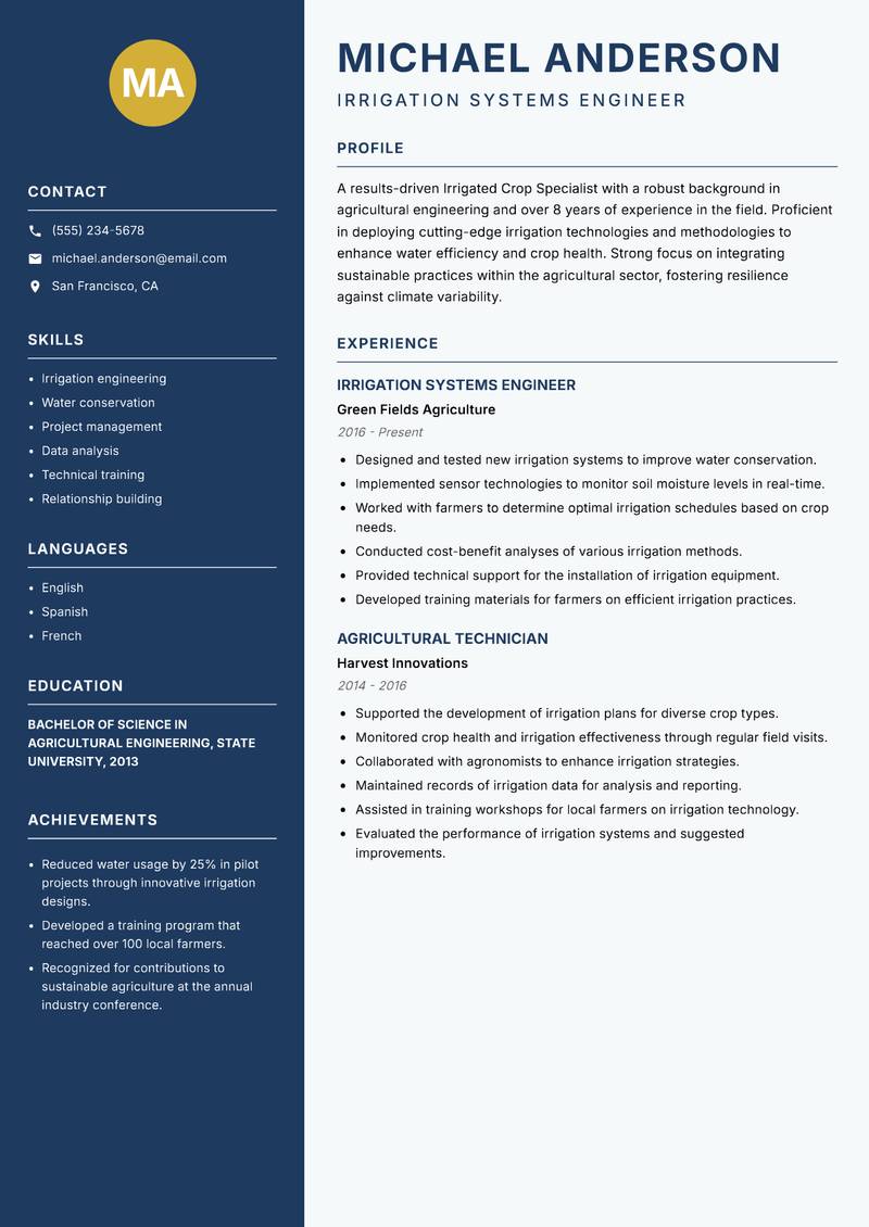 Irrigated Crop Specialist Resume Preview Example
