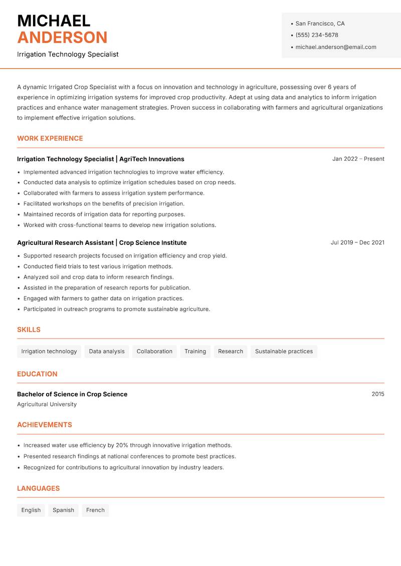Irrigated Crop Specialist Resume Template