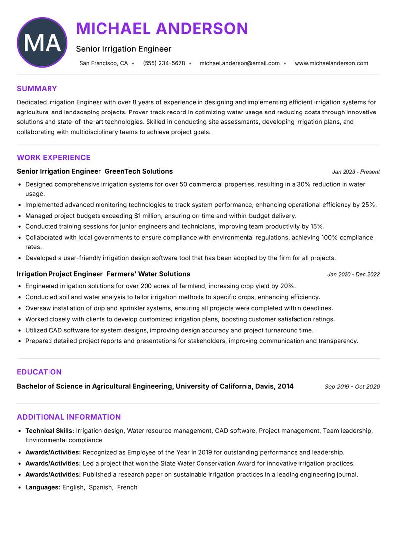 Irrigation Engineer Resume Preview Example