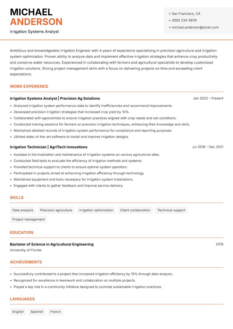 Irrigation Engineer Resume Template