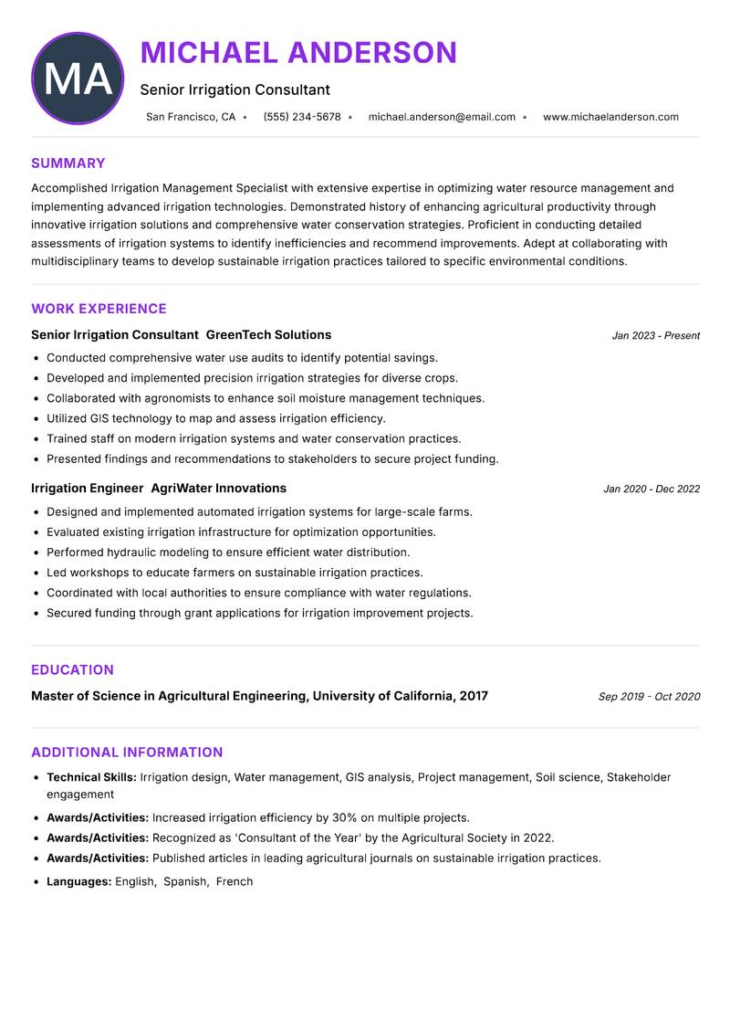 Irrigation Management Specialist Resume Preview Example