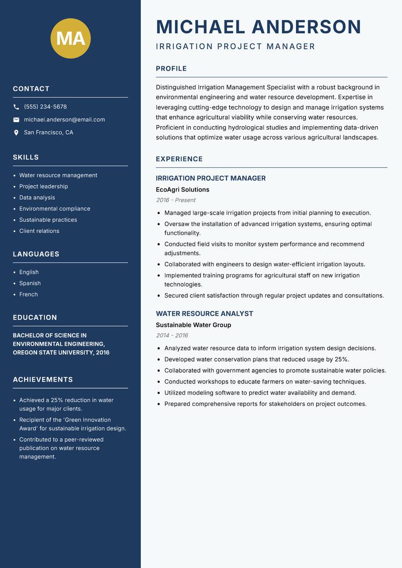 Irrigation Management Specialist Resume Preview Example