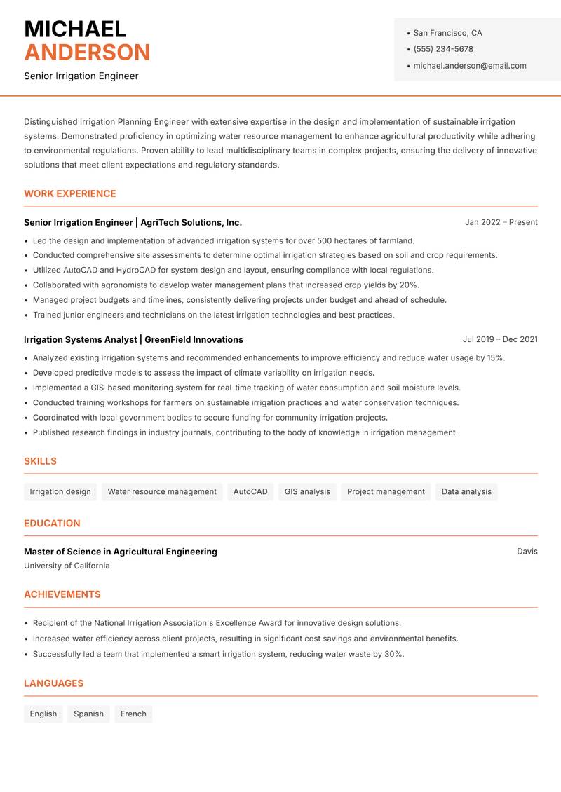 Irrigation Planning Engineer Resume Template