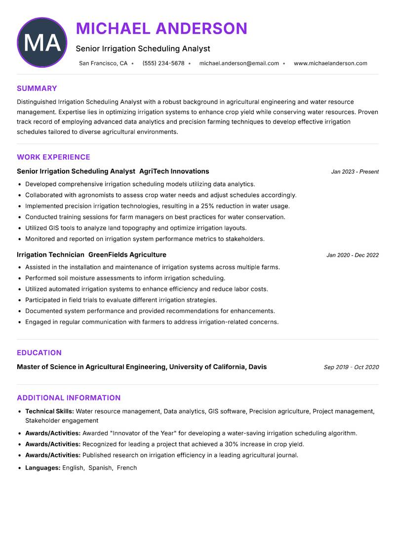 Irrigation Scheduling Analyst Resume Preview Example