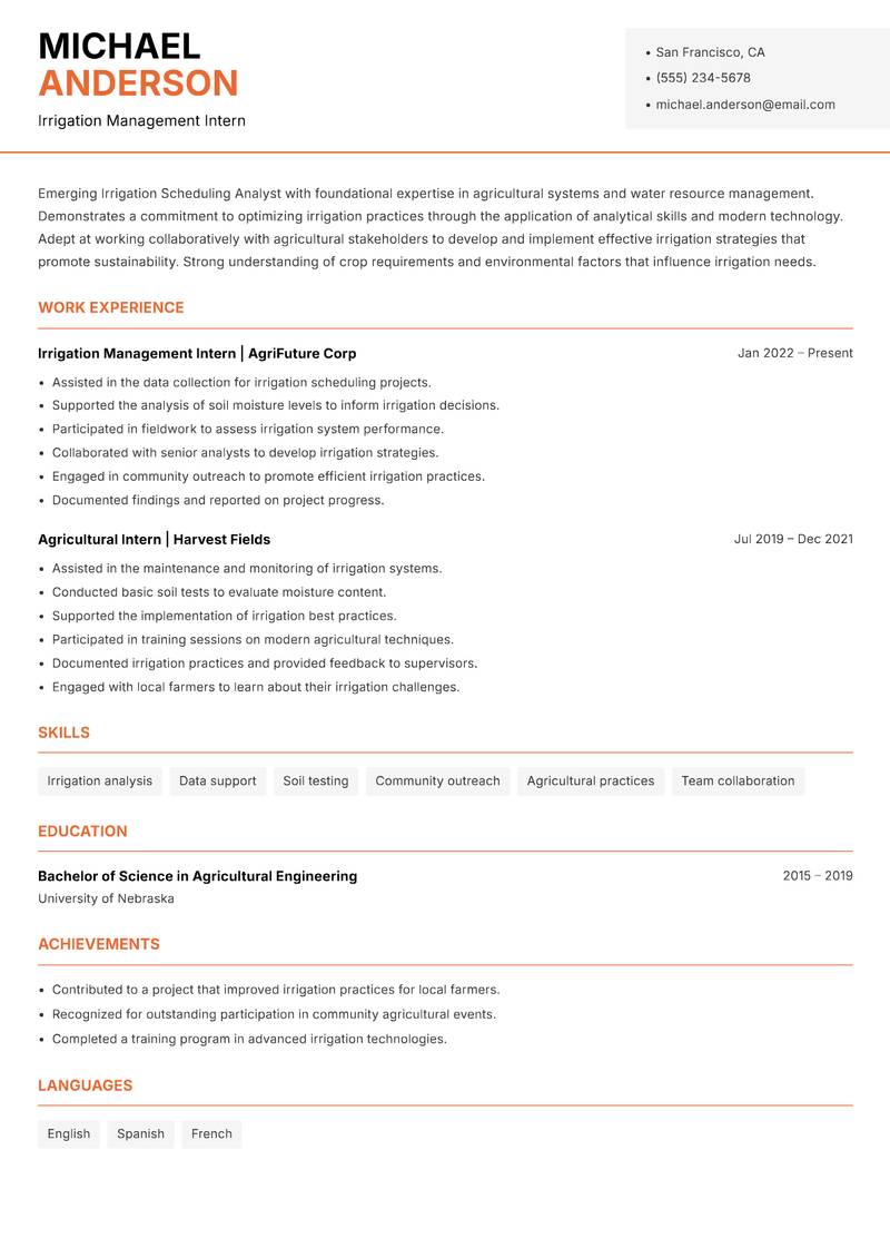 Irrigation Scheduling Analyst Resume Template