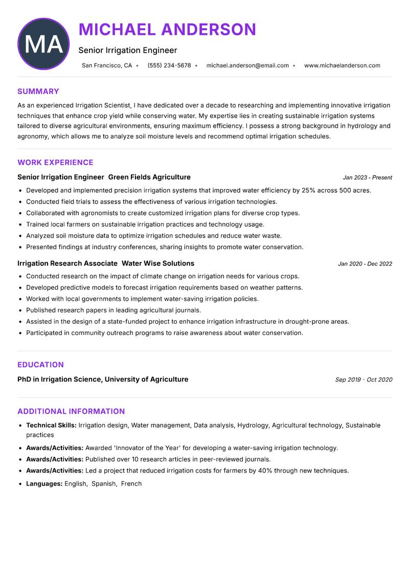 Irrigation Scientist Resume Preview Example