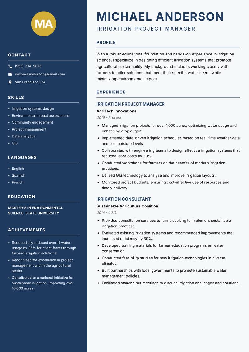 Irrigation Scientist Resume Preview Example