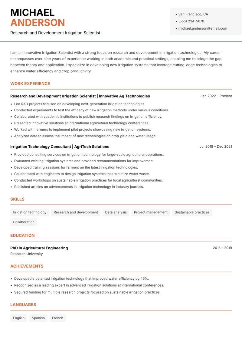 Irrigation Scientist Resume Template