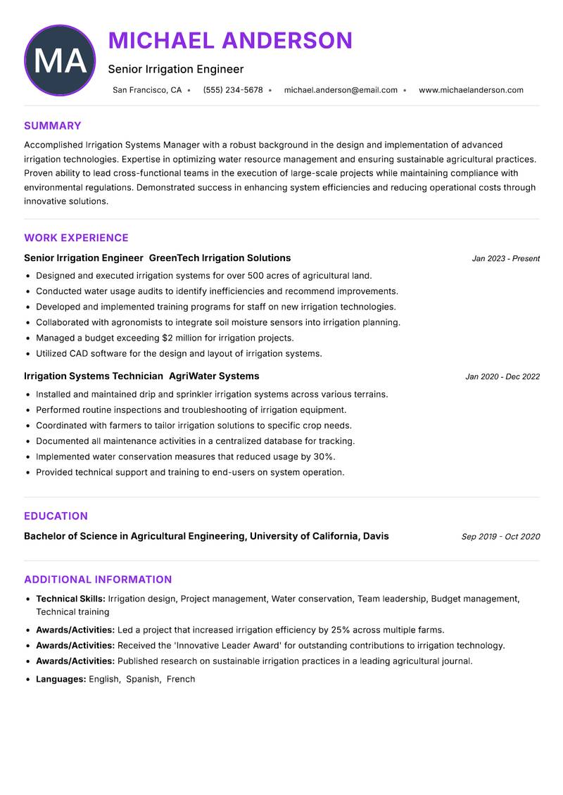 Irrigation Systems Manager Resume Preview Example