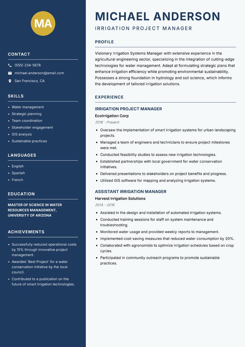 Irrigation Systems Manager Resume Preview Example