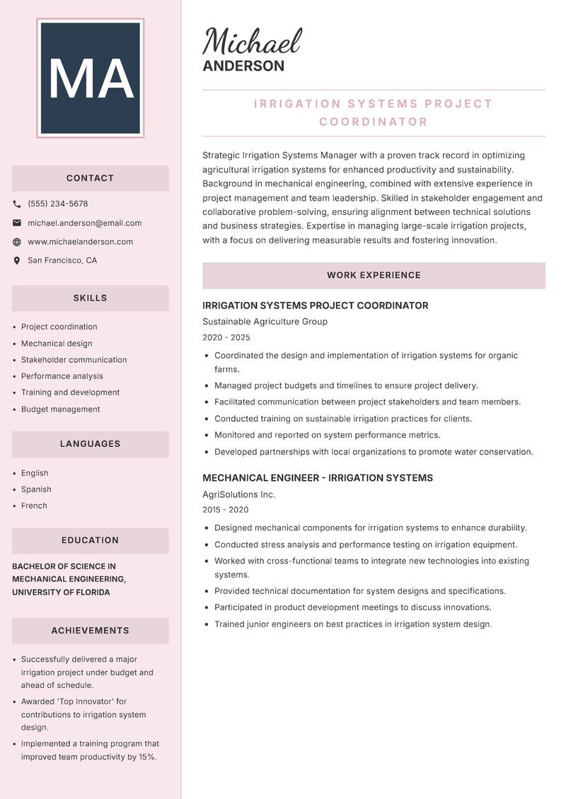 Irrigation Systems Manager Resume Preview Example