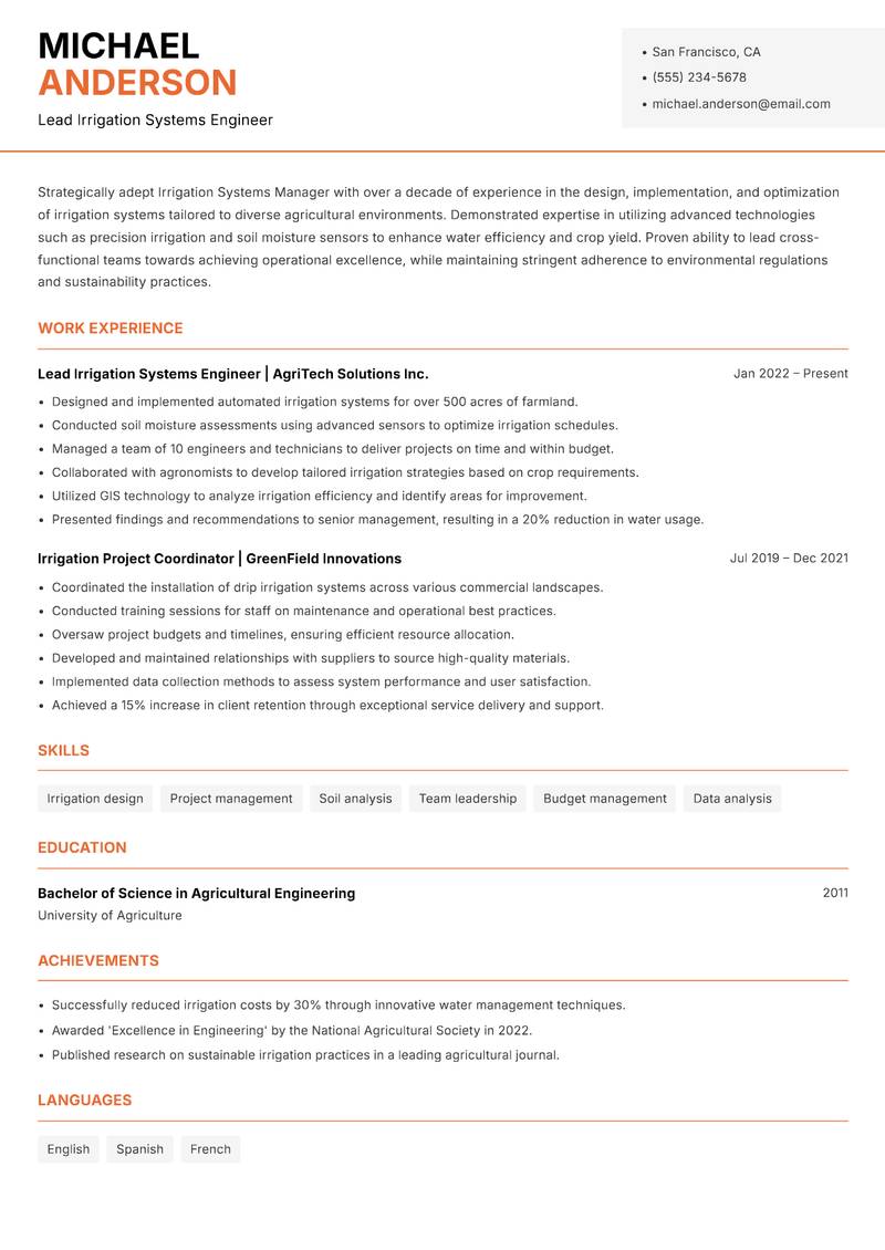 Irrigation Systems Manager Resume Template