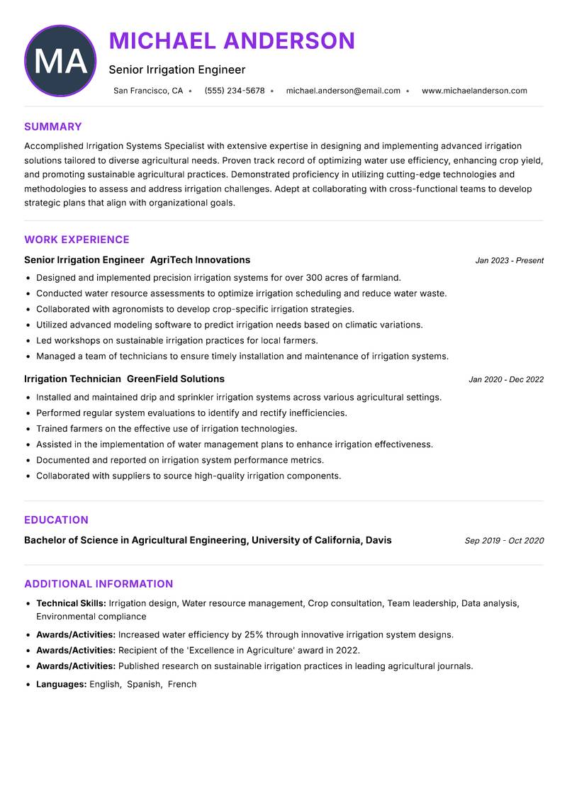 Irrigation Systems Specialist Resume Preview Example