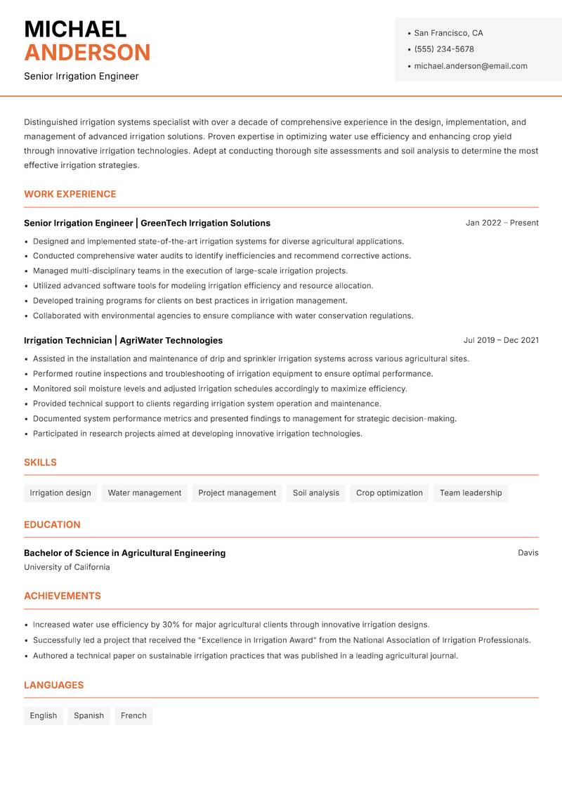 Irrigation Systems Specialist Resume Template