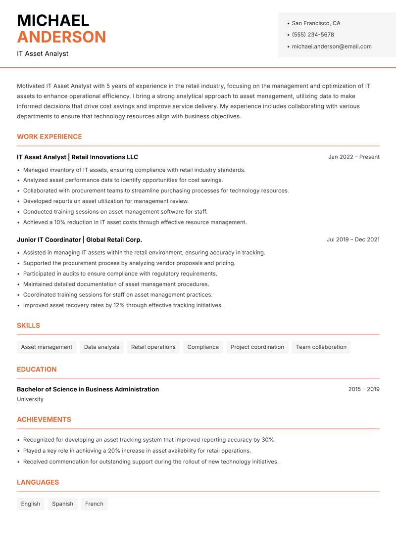 IT Asset Analyst Resume Template
