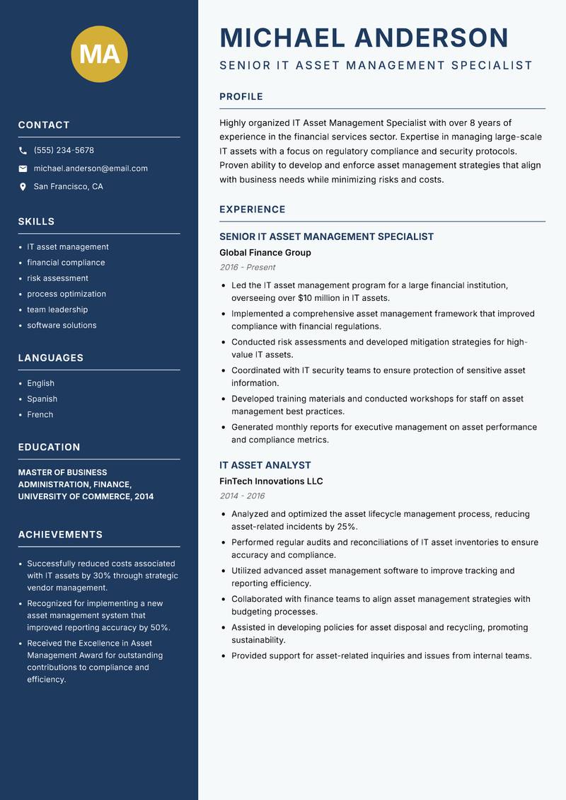 IT Asset Management Specialist Resume Preview Example