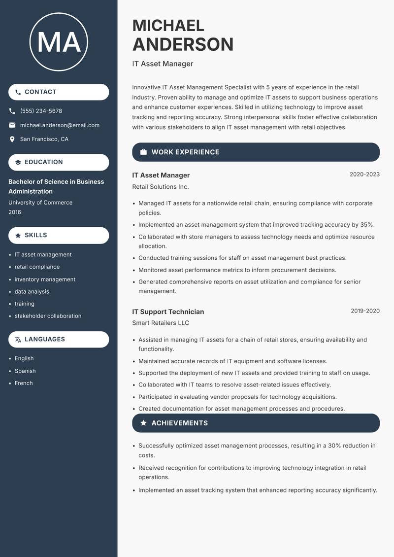IT Asset Management Specialist Resume Preview Example