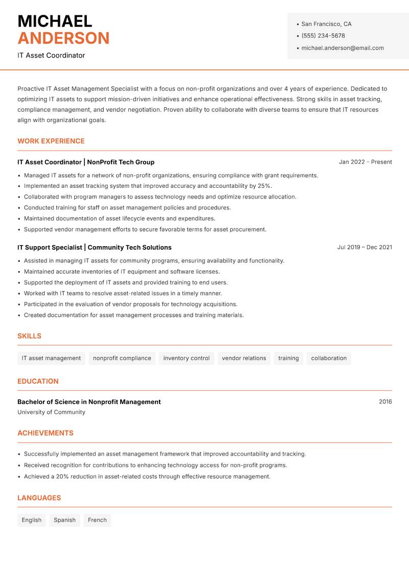IT Asset Management Specialist Resume Template