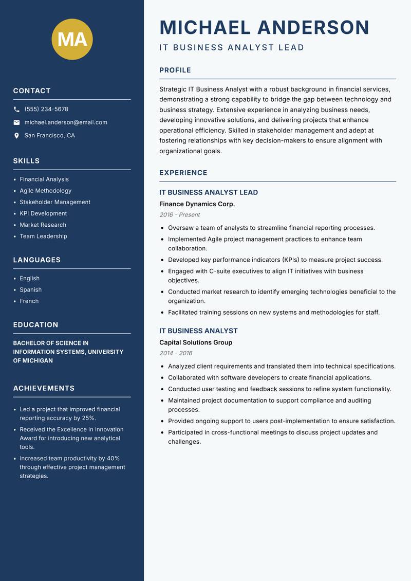 IT Business Analyst Resume Preview Example
