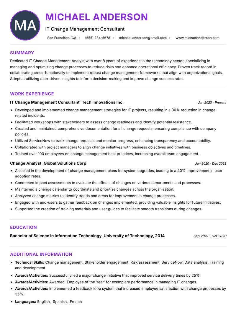 IT Change Management Analyst Resume Preview Example