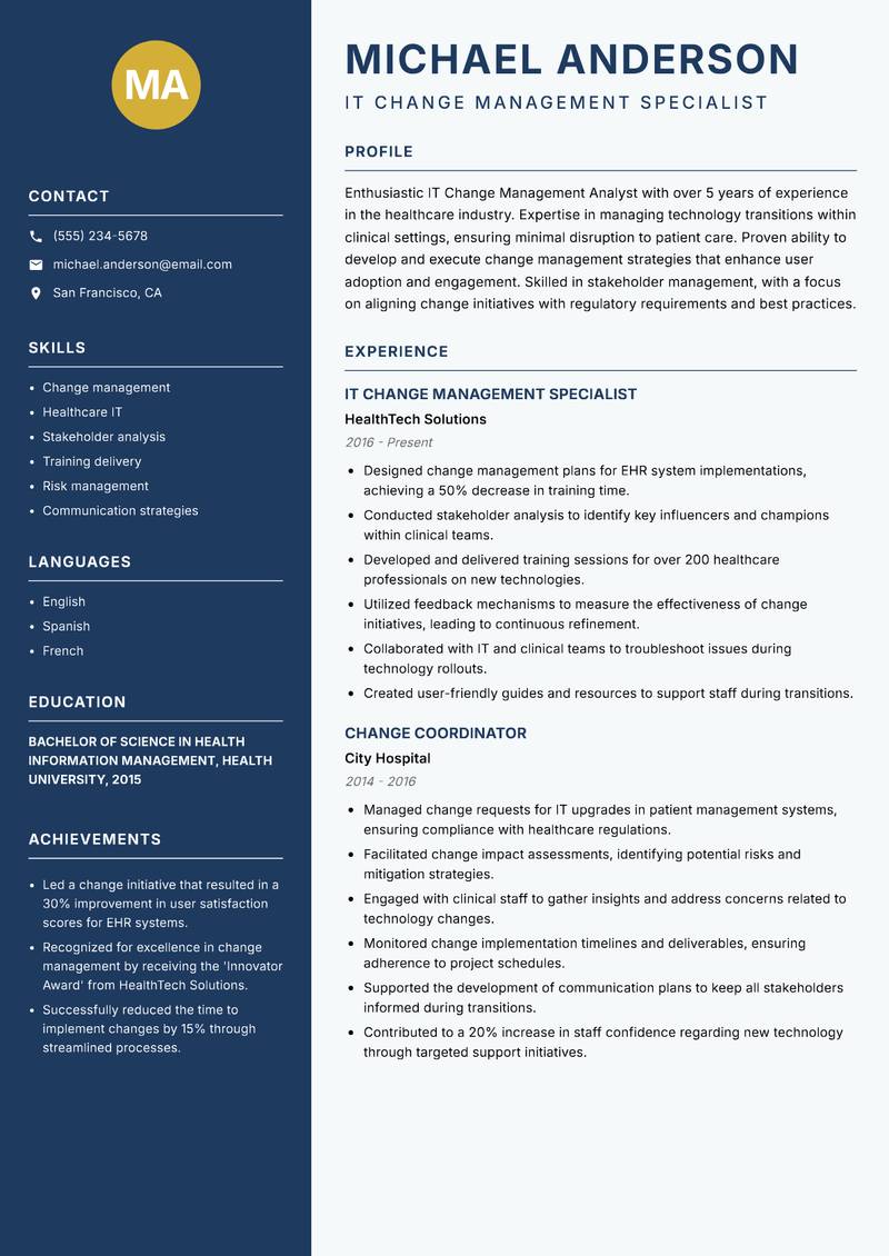 IT Change Management Analyst Resume Preview Example
