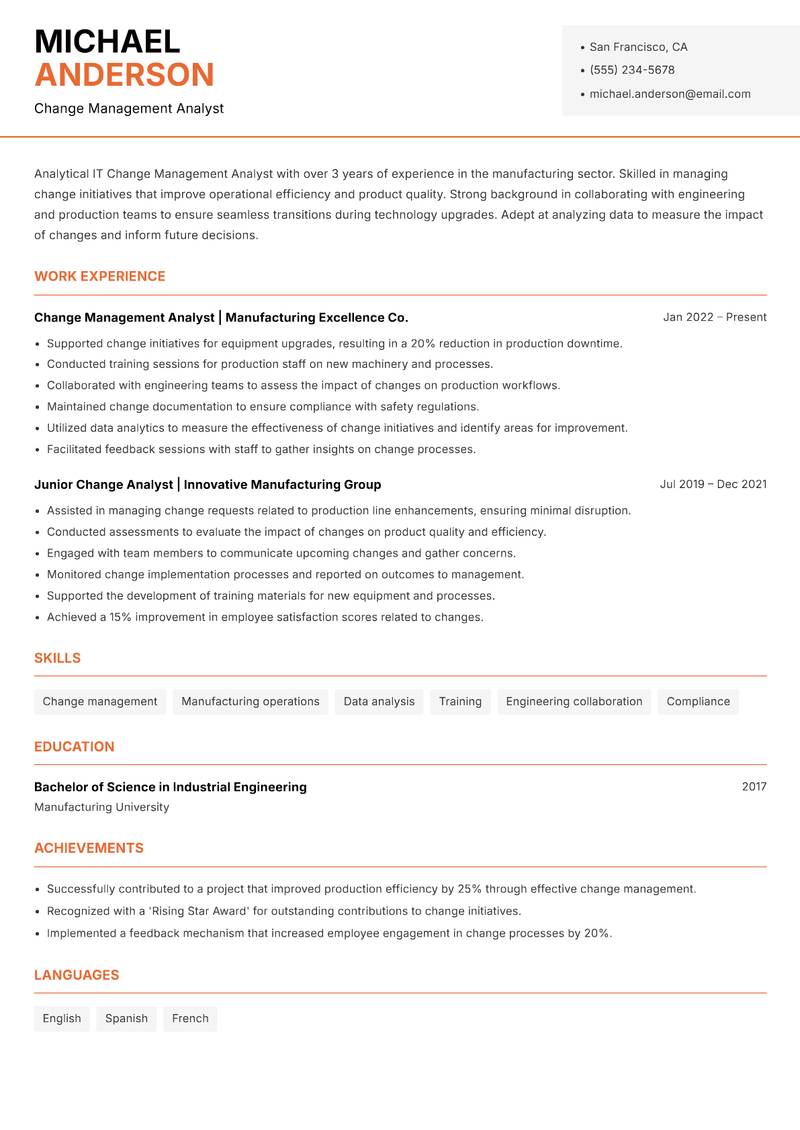 IT Change Management Analyst Resume Template