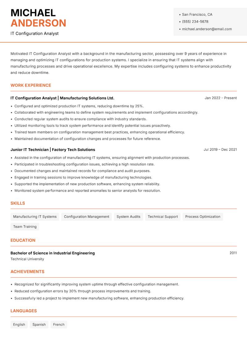 IT Configuration Analyst Resume Template