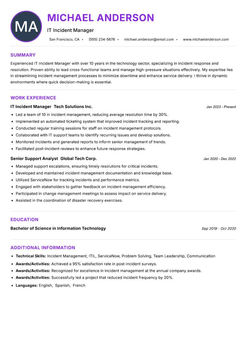 IT Incident Manager Resume Preview Example
