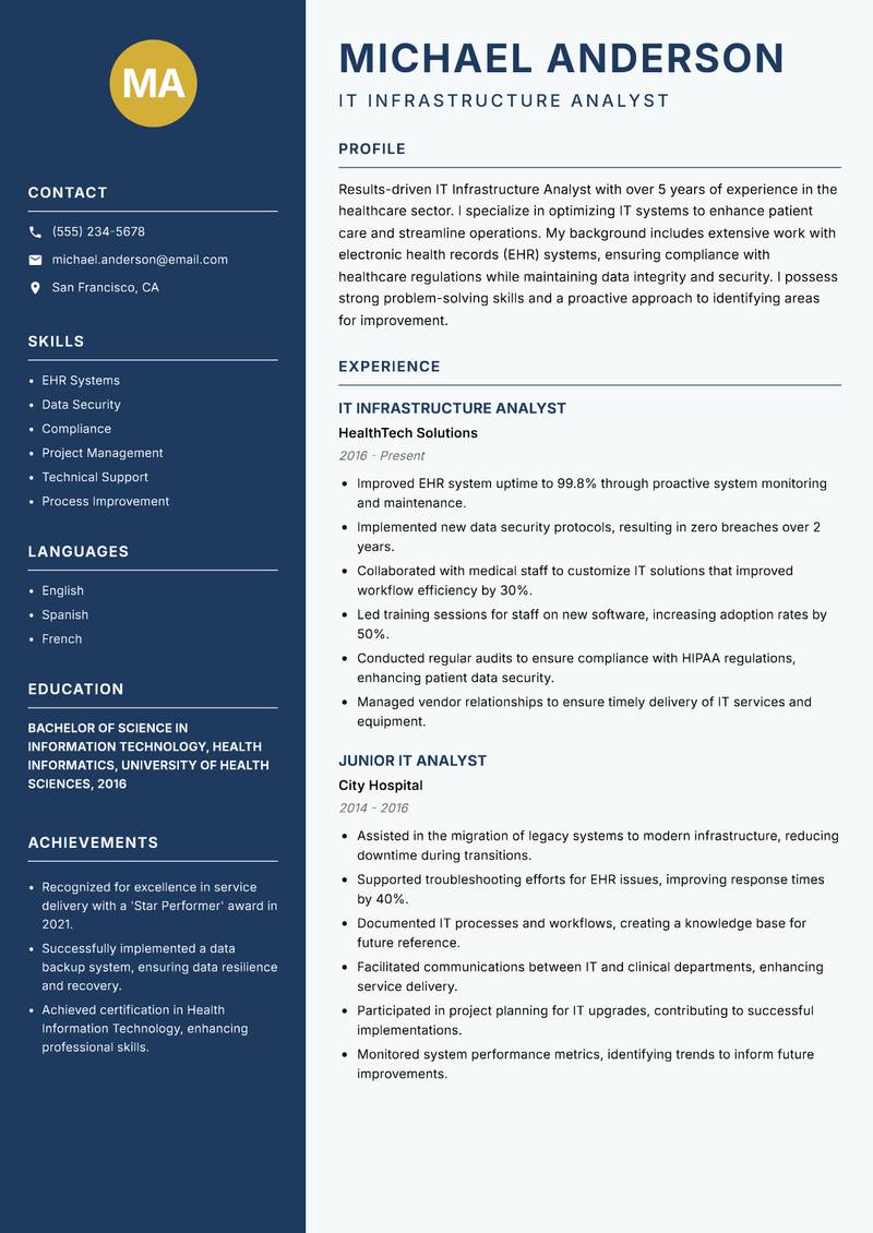 IT Infrastructure Analyst Resume Preview Example