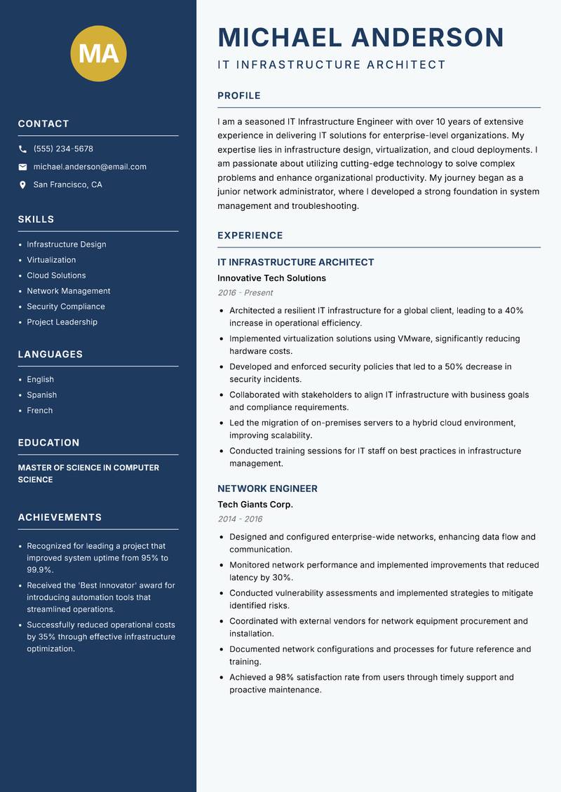 IT Infrastructure Engineer Resume Preview Example