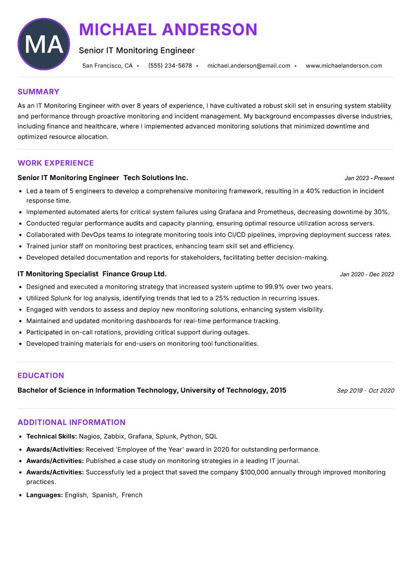 IT Monitoring Engineer Resume Preview Example