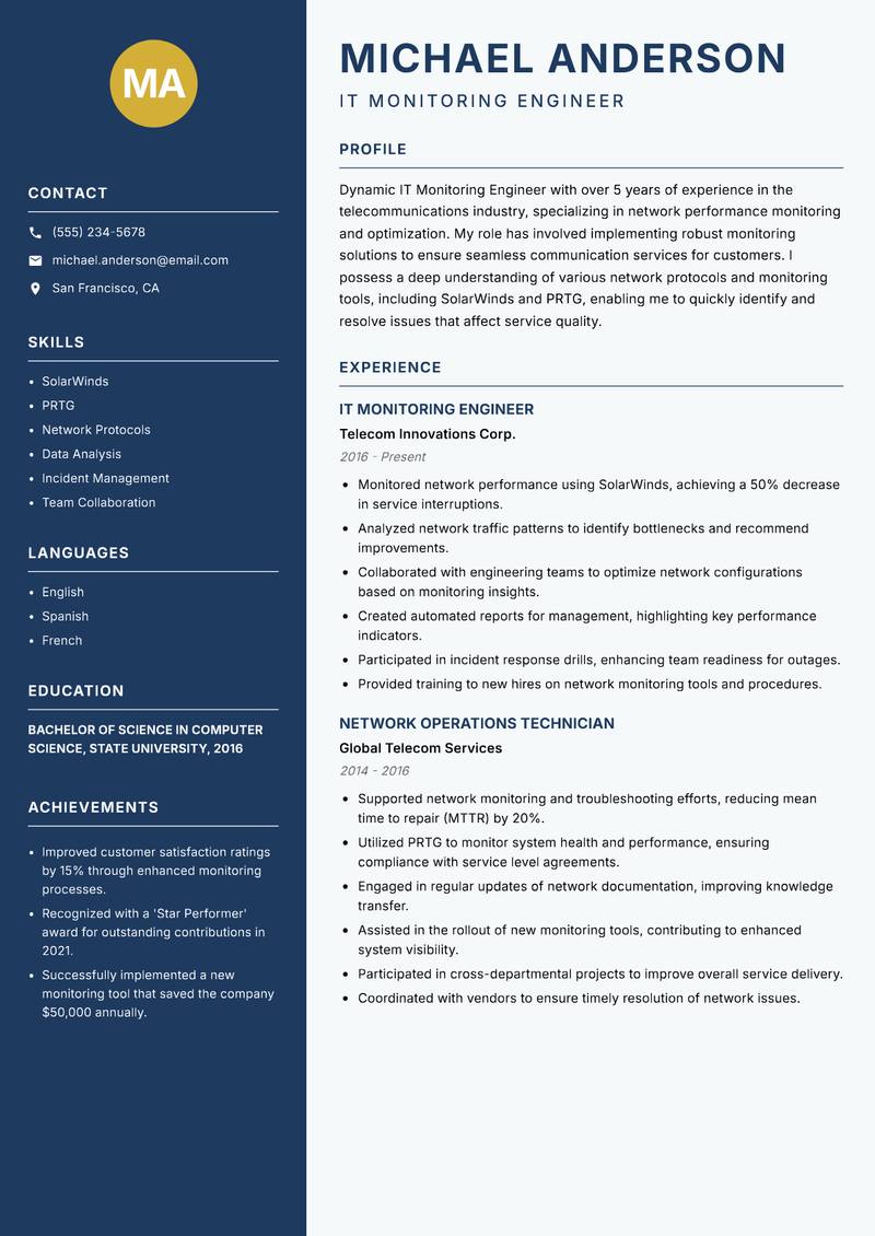 IT Monitoring Engineer Resume Preview Example