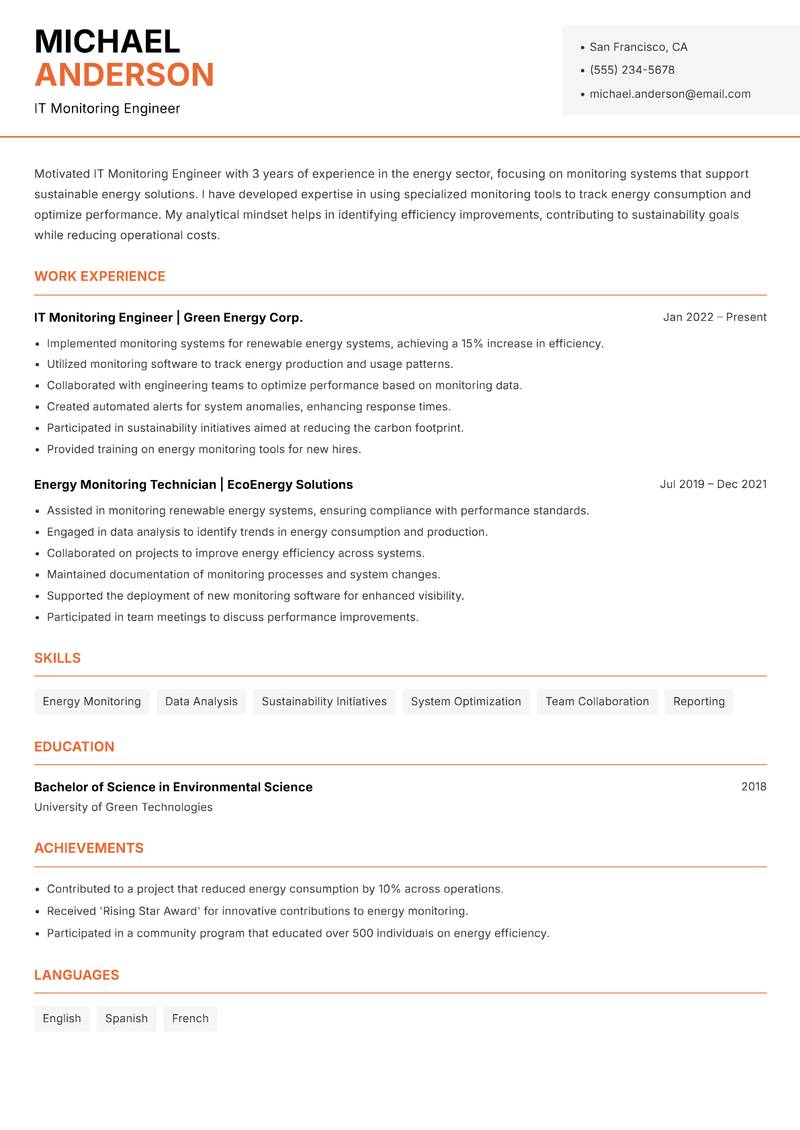 IT Monitoring Engineer Resume Template