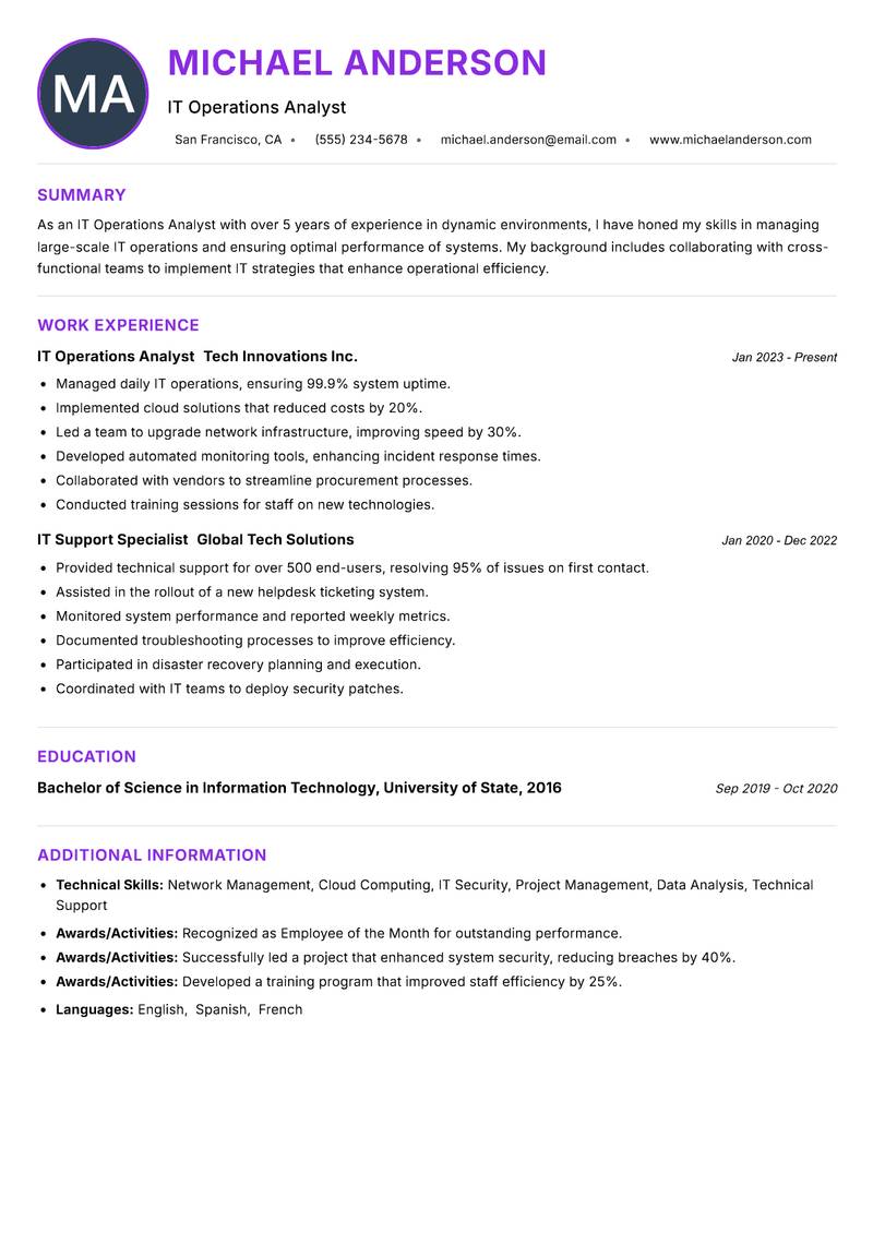 IT Operations Analyst Resume Preview Example