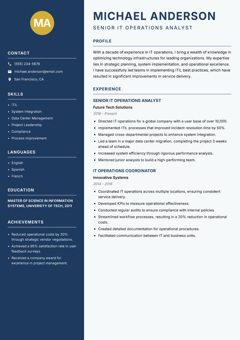 IT Operations Analyst Resume Preview Example