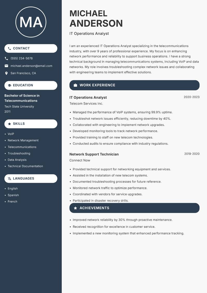 IT Operations Analyst Resume Preview Example