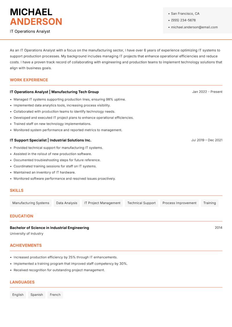 IT Operations Analyst Resume Template