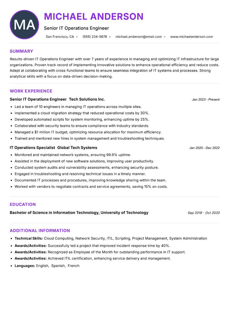 IT Operations Engineer Resume Preview Example