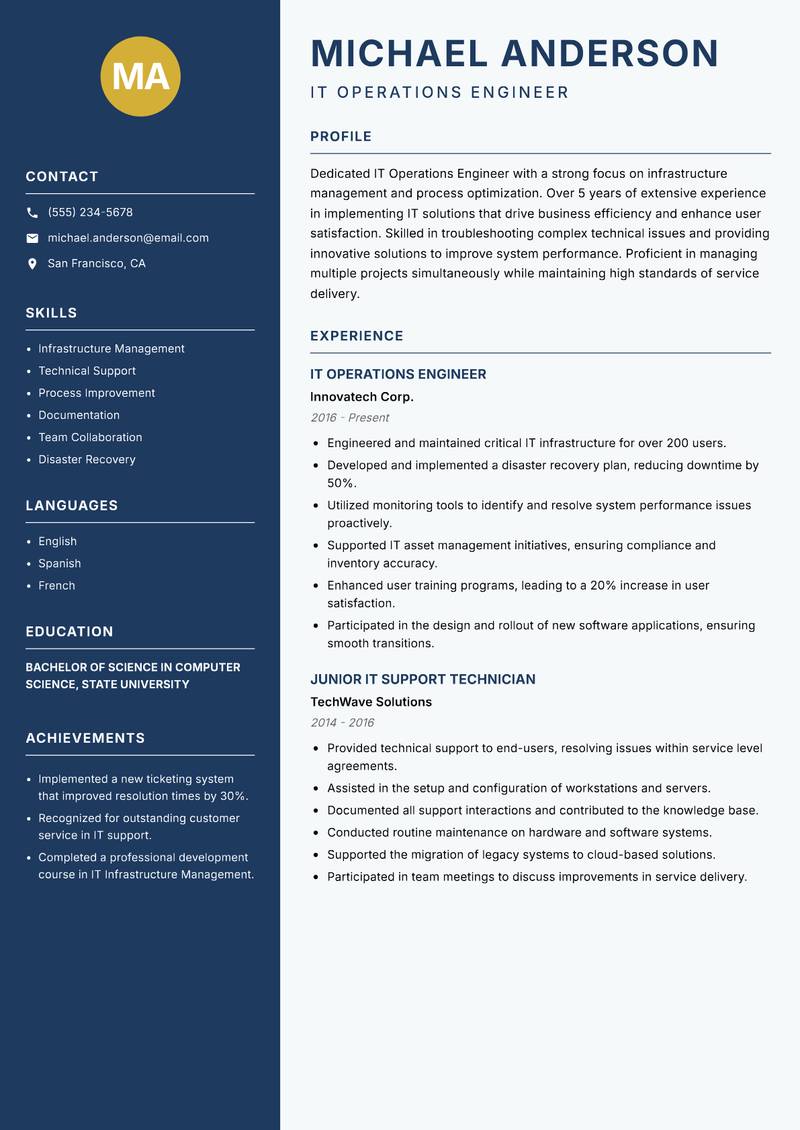 IT Operations Engineer Resume Preview Example