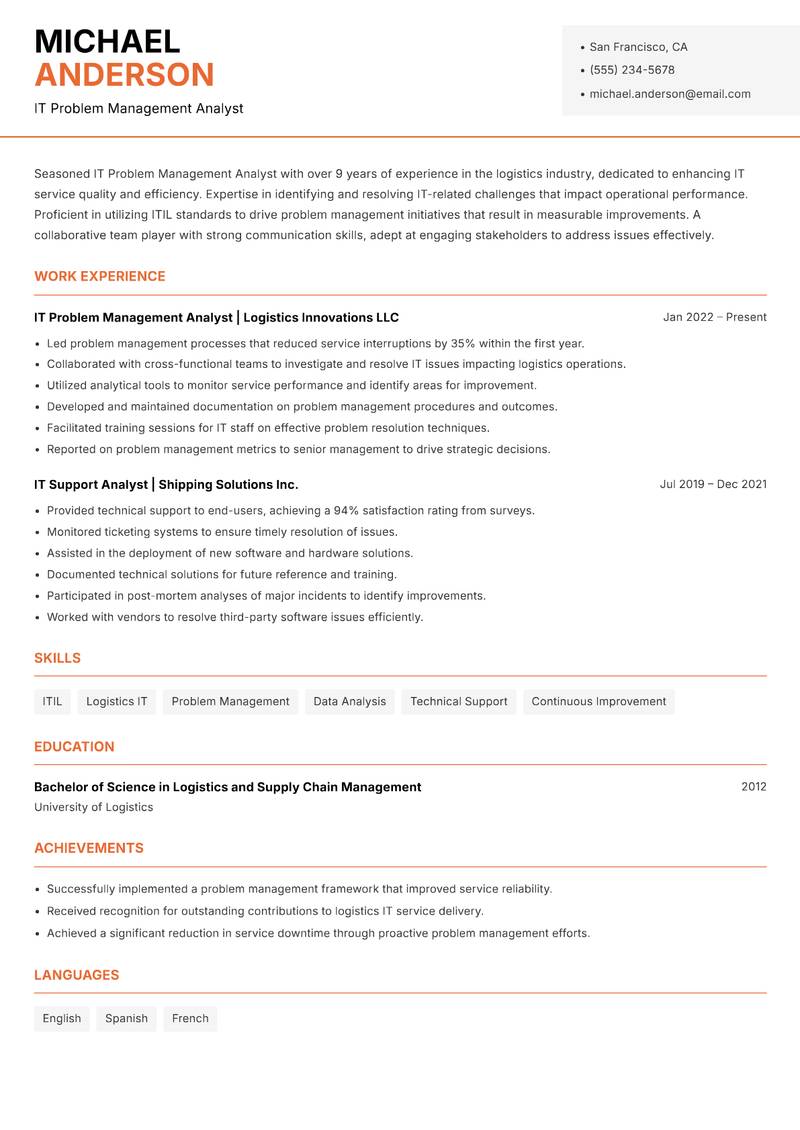 IT Problem Management Analyst Resume Template