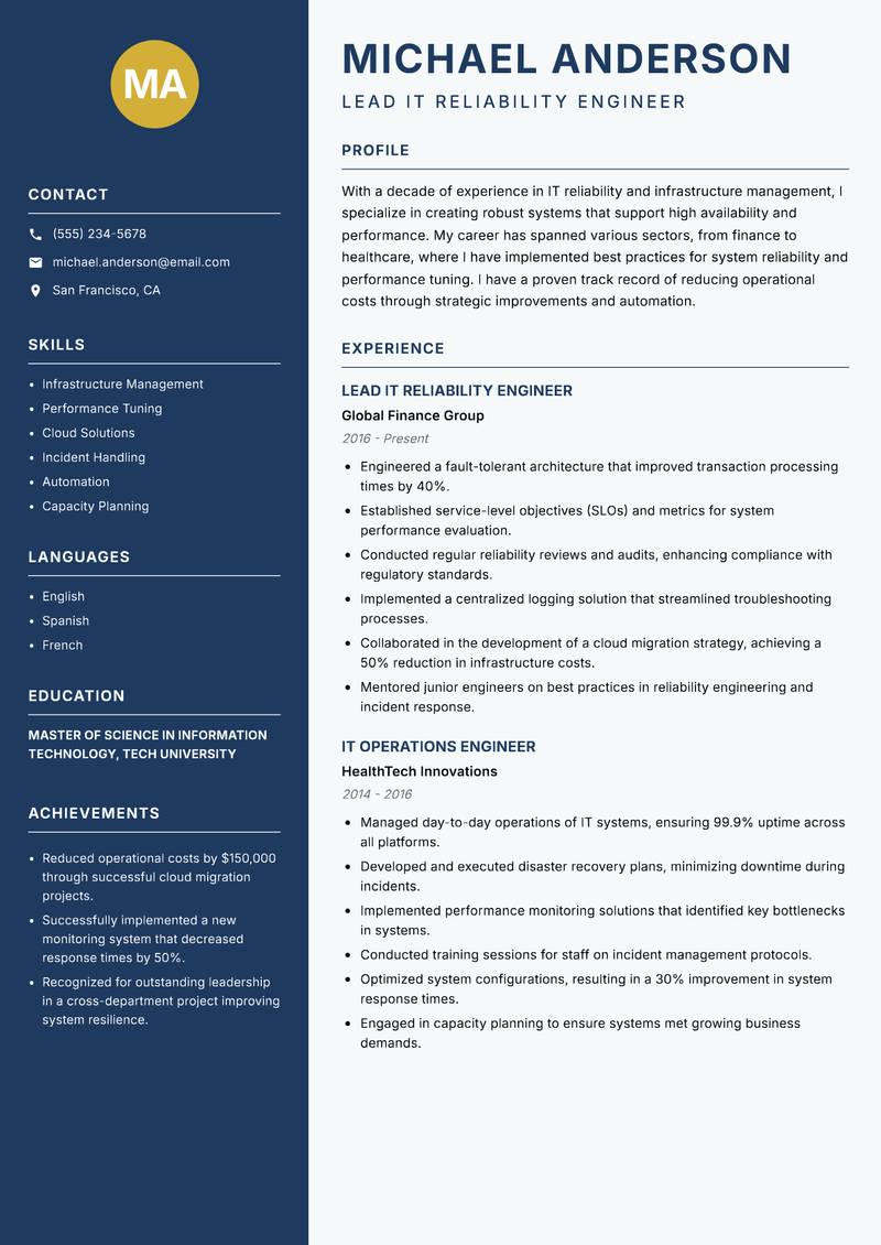 IT Reliability Engineer Resume Preview Example