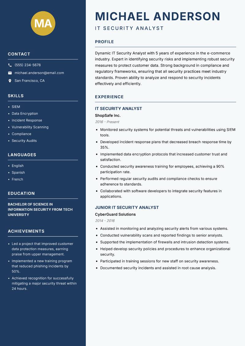 IT Security Analyst Resume Preview Example