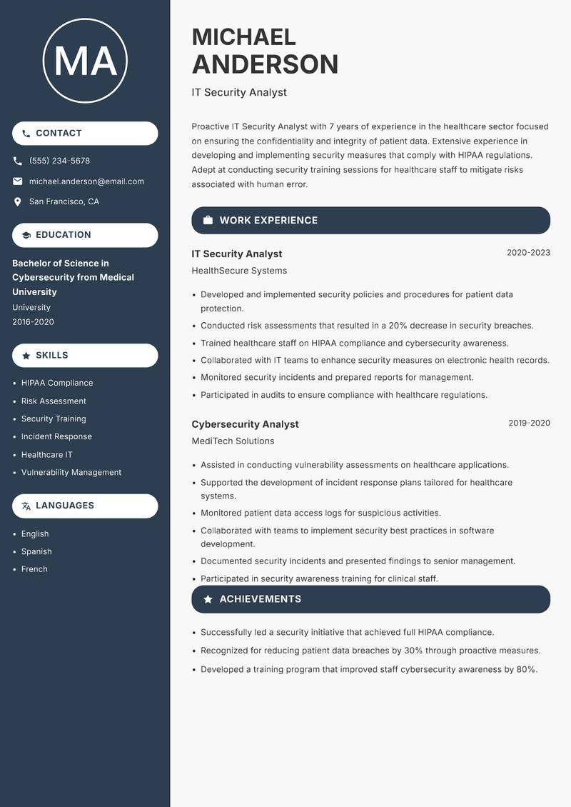 IT Security Analyst Resume Preview Example