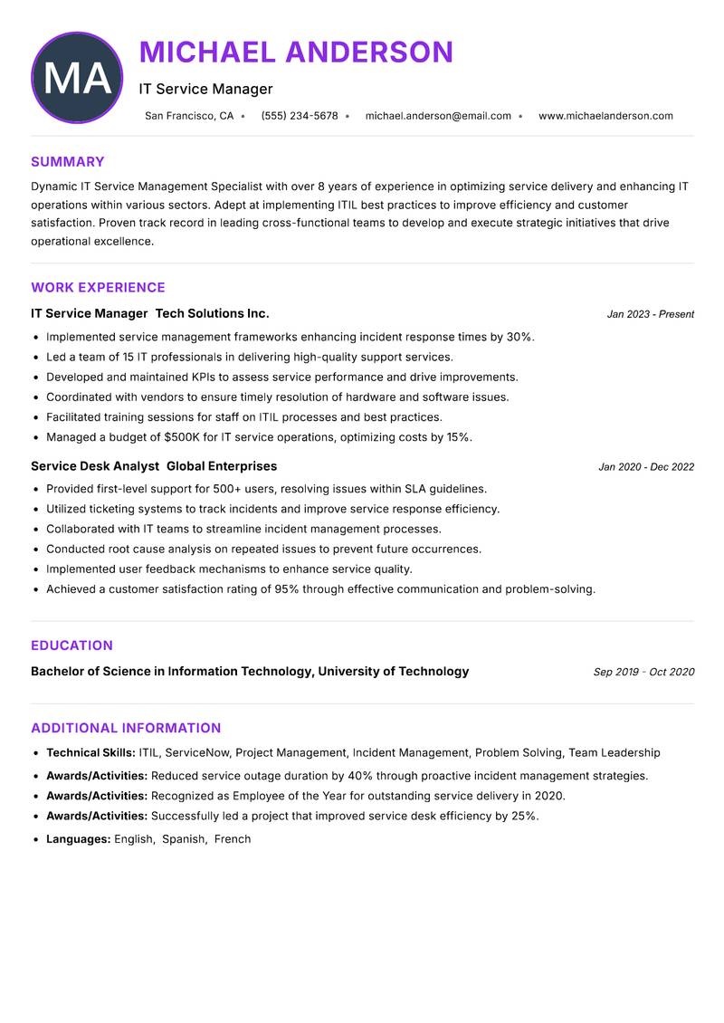 IT Service Management Specialist Resume Preview Example