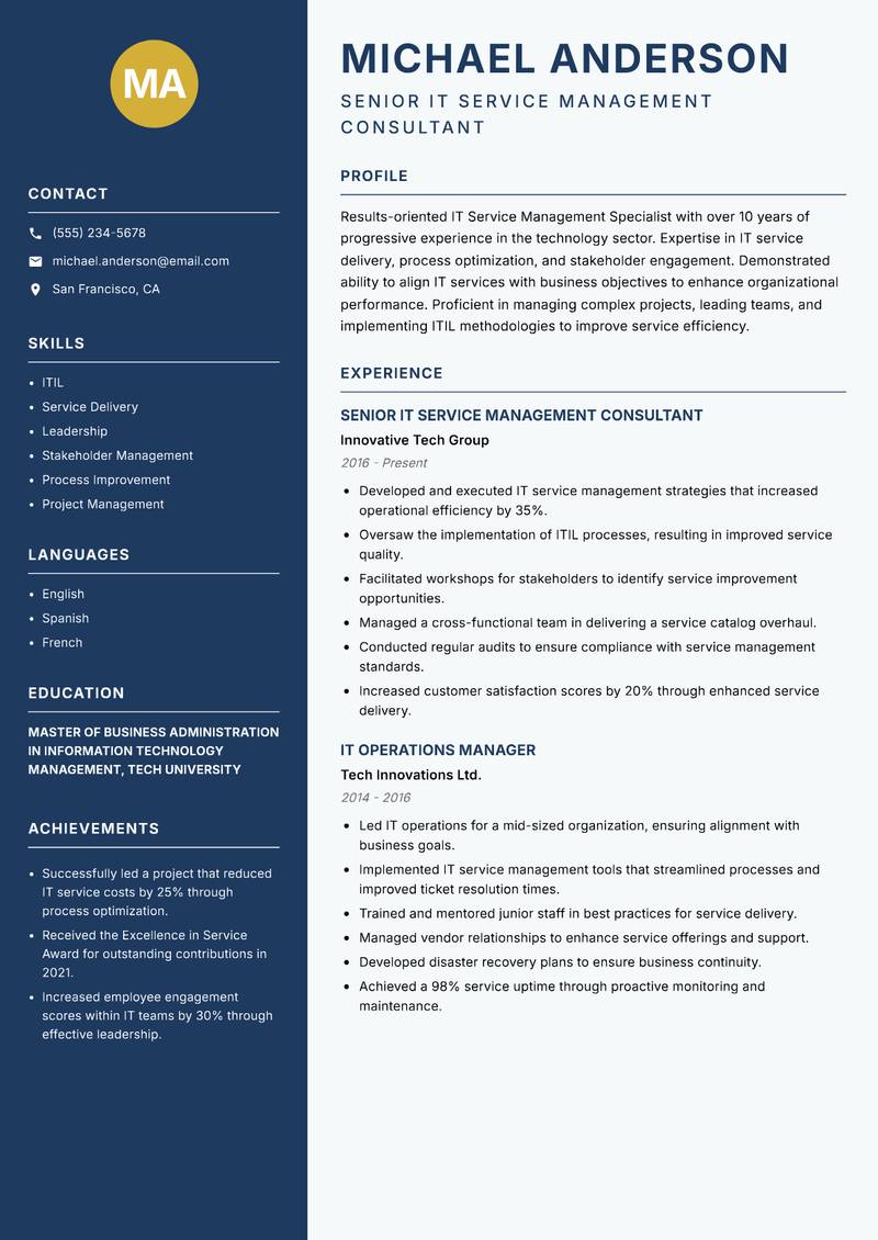 IT Service Management Specialist Resume Preview Example