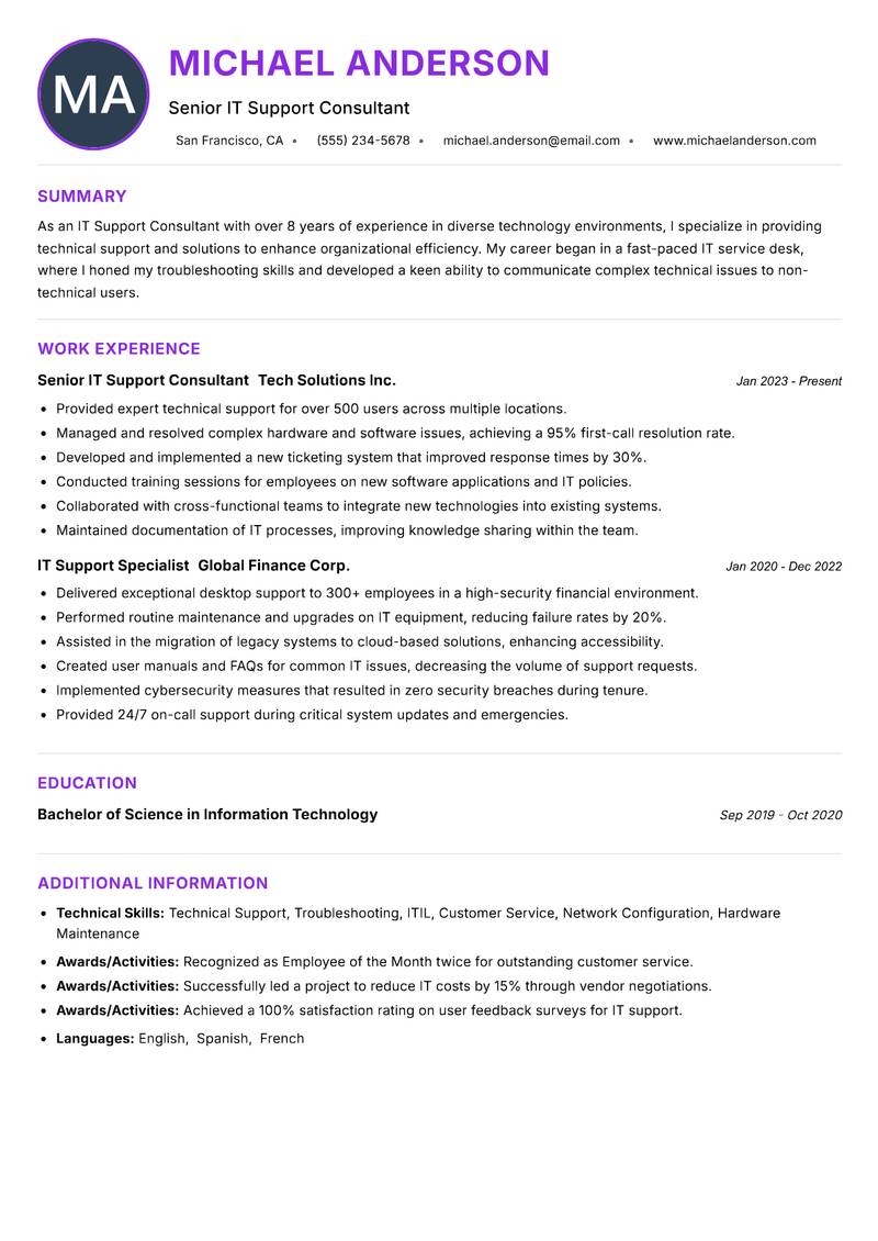 IT Support Consultant Resume Preview Example